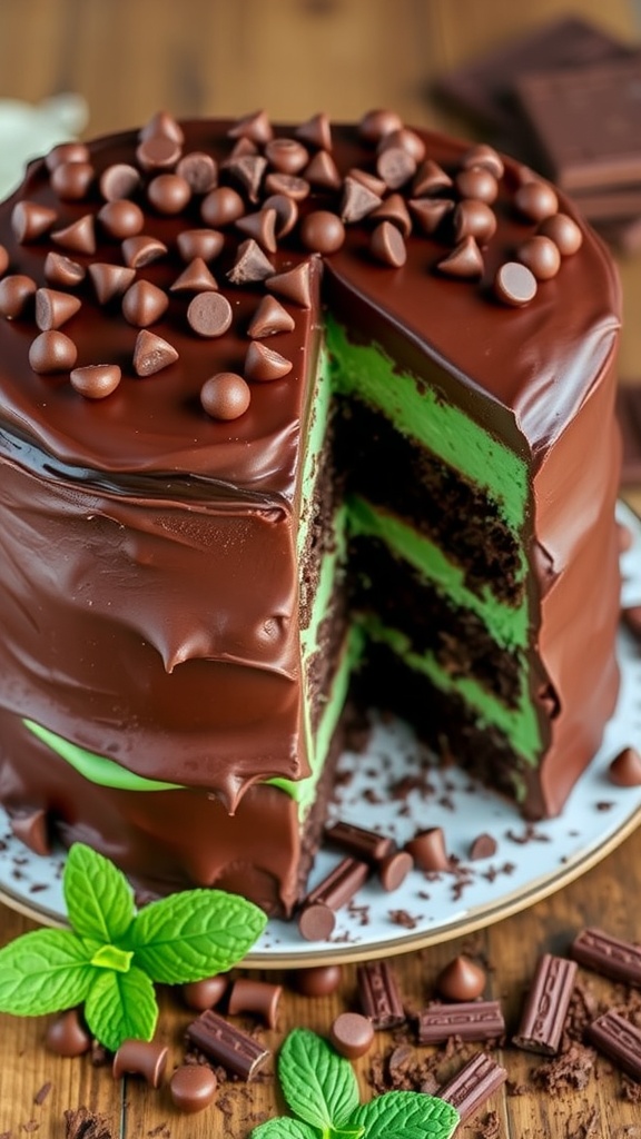 Decadent chocolate mint chip cake with layers of chocolate cake and mint frosting, garnished with mint chocolate chips.